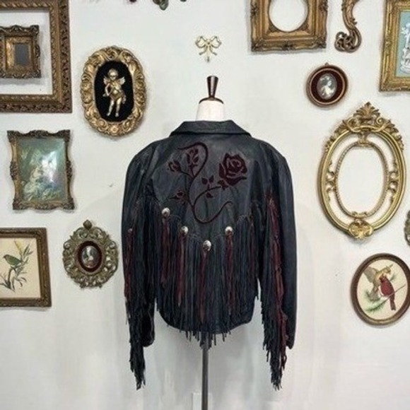Dallas Premium Leather Jackets & Blazers - Vintage Dallas Leather Western Fringe Jacket with Velvet Rose Appliqué
